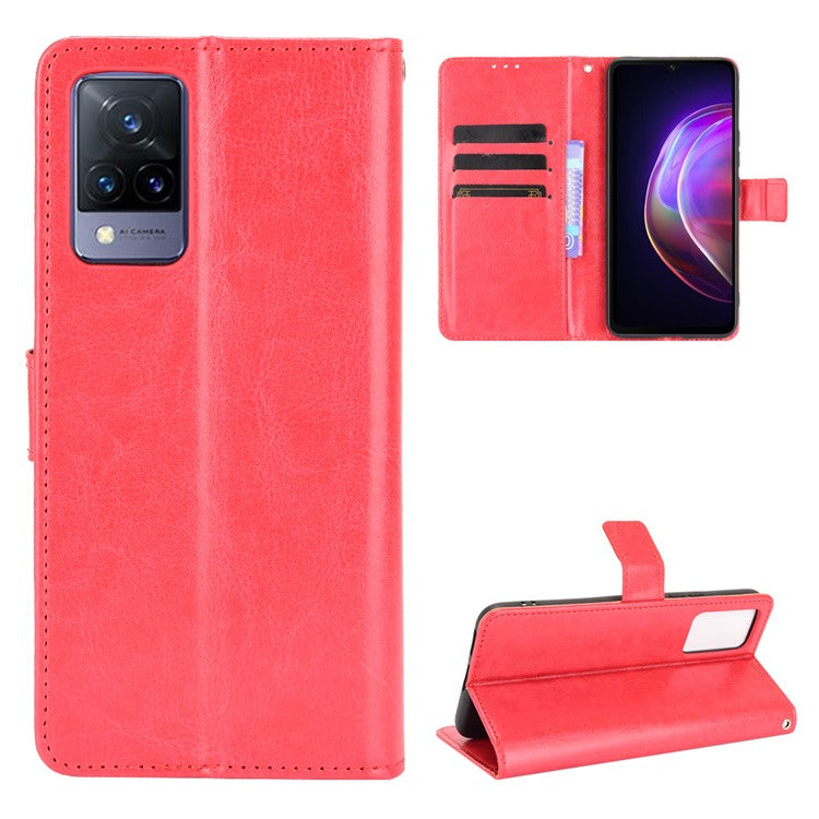 Crazy Horse Texture Leather Case for vivo V21 5G / 4G Protective Wallet Stand Casing - Red