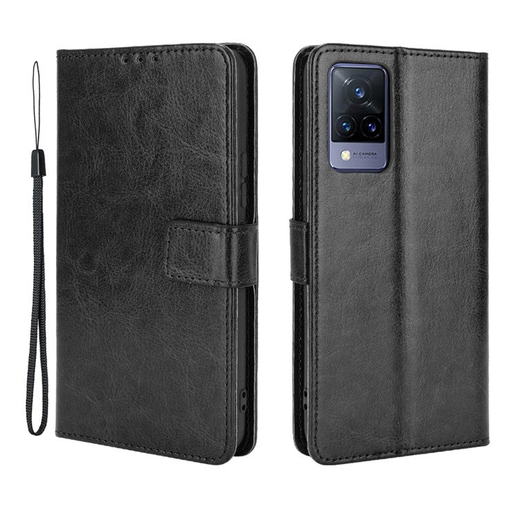 Crazy Horse Texture Leather Case for vivo V21 5G / 4G Protective Wallet Stand Casing - Black