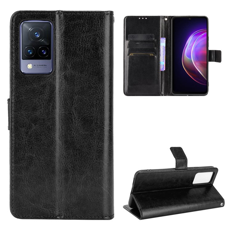 Crazy Horse Texture Leather Case for vivo V21 5G / 4G Protective Wallet Stand Casing - Black