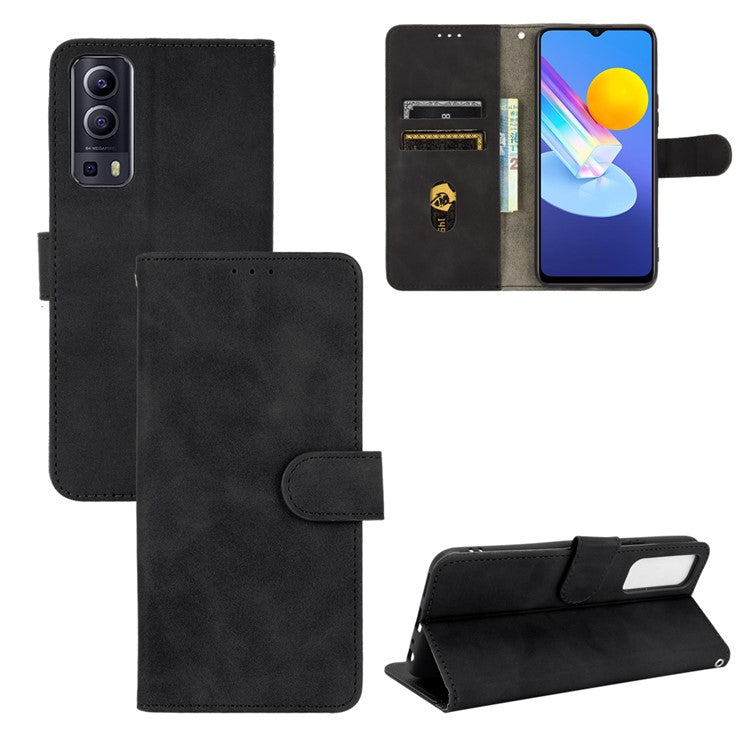 Skin-touch PU Leather Protective Phone Cover Supporting Stand Cover Wallet for vivo Y72 5G / iQOO Z3 5G - Black