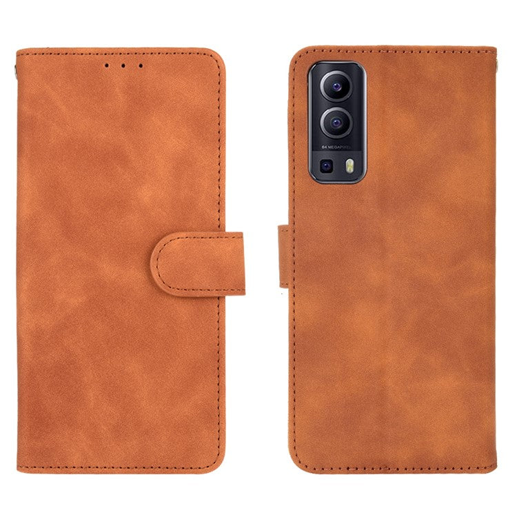 Skin-touch PU Leather Protective Phone Cover Supporting Stand Cover Wallet for vivo Y72 5G / iQOO Z3 5G - Brown