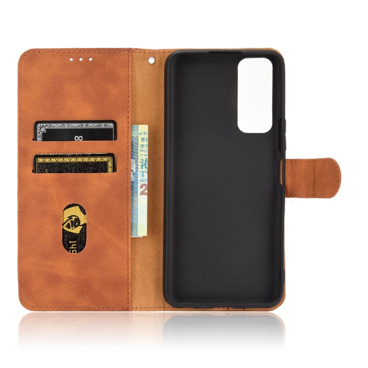 Skin-touch PU Leather Protective Phone Cover Supporting Stand Cover Wallet for vivo Y72 5G / iQOO Z3 5G - Brown