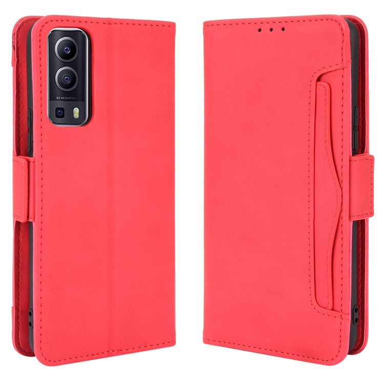 For vivo Y72 5G/iQOO Z3 5G Protective Leather Stand Case with Multiple Card Slots - Red