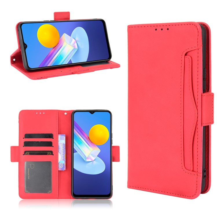 For vivo Y72 5G/iQOO Z3 5G Protective Leather Stand Case with Multiple Card Slots - Red