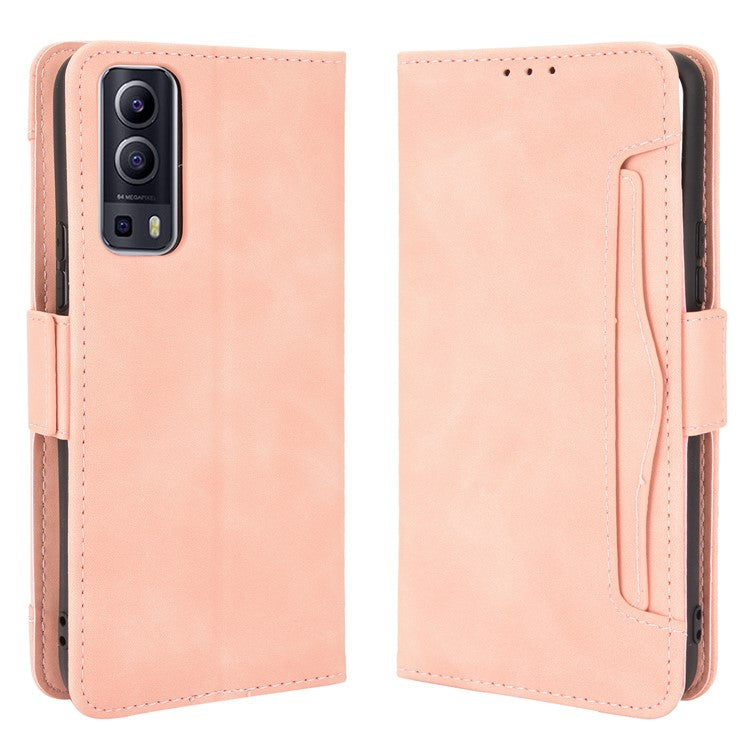 For vivo Y72 5G/iQOO Z3 5G Protective Leather Stand Case with Multiple Card Slots - Pink