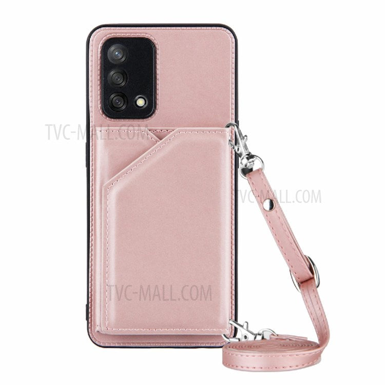 Kickstand Card Holder Glossy Leather TPU Hybrid Phone Case with Shoulder Strap for Oppo A74 4G/F19 - Rose Gold