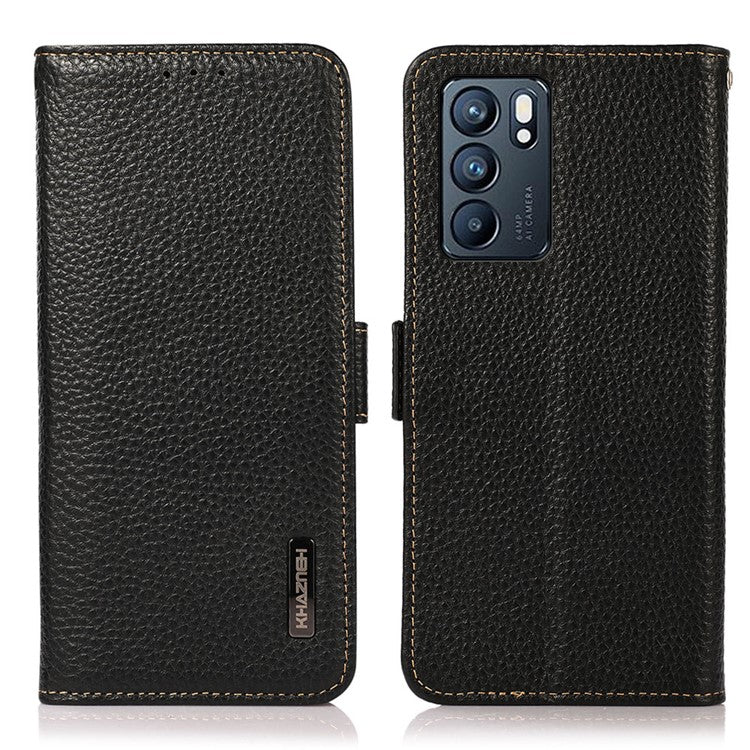 KHAZNEH Litchi Texture Genuine Leather Anti-theft Swiping Design Phone Case Cover for Oppo Reno6 5G - Black