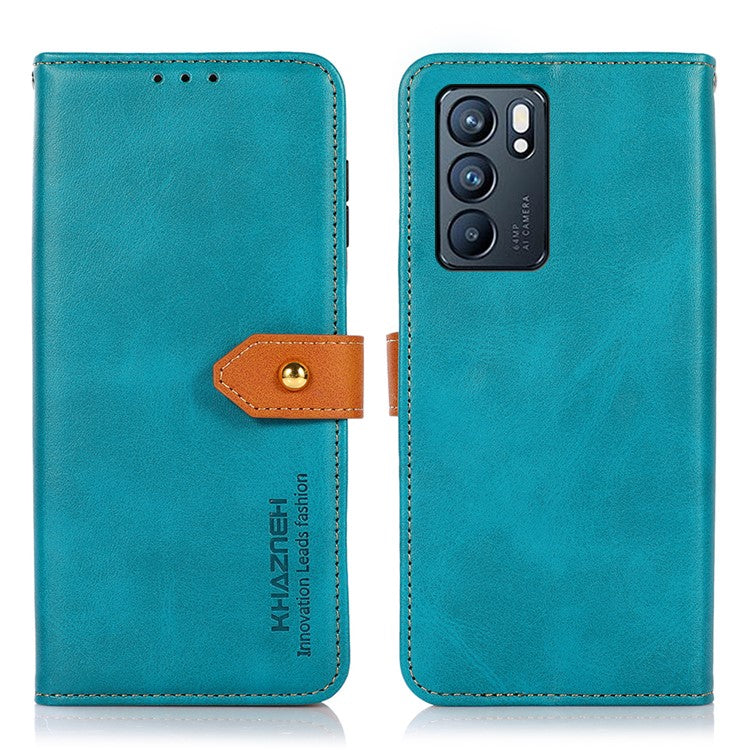 KHAZNEH Stand Wallet Protective Case Cell Phone Leather Cover with Golden Magnetic Clasp for Oppo Reno6 5G - Blue