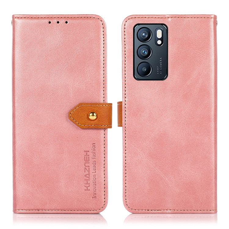 KHAZNEH Stand Wallet Protective Case Cell Phone Leather Cover with Golden Magnetic Clasp for Oppo Reno6 5G - Rose Gold