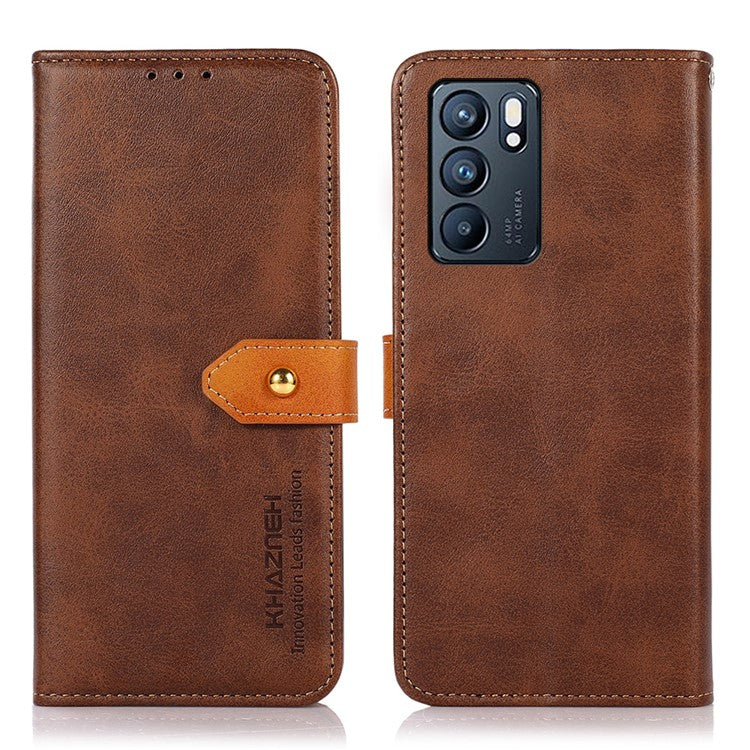 KHAZNEH Stand Wallet Protective Case Cell Phone Leather Cover with Golden Magnetic Clasp for Oppo Reno6 5G - Brown