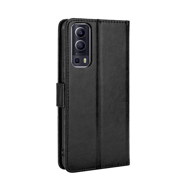 PU Leather Case Wallet with Stand Design Crazy Horse Texture Shell for vivo Y72 5G/iQOO Z3 - Black