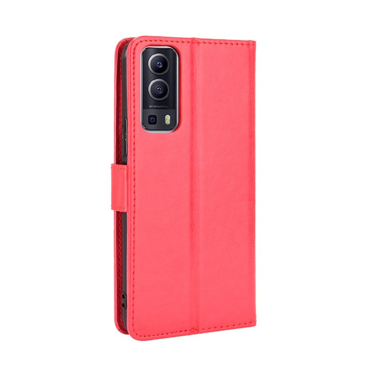 PU Leather Case Wallet with Stand Design Crazy Horse Texture Shell for vivo Y72 5G/iQOO Z3 - Red