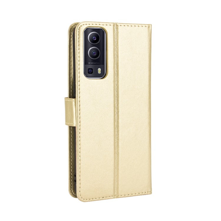 PU Leather Case Wallet with Stand Design Crazy Horse Texture Shell for vivo Y72 5G/iQOO Z3 - Gold