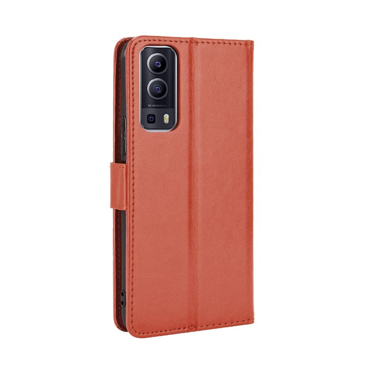 PU Leather Case Wallet with Stand Design Crazy Horse Texture Shell for vivo Y72 5G/iQOO Z3 - Brown