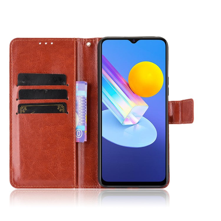 PU Leather Case Wallet with Stand Design Crazy Horse Texture Shell for vivo Y72 5G/iQOO Z3 - Brown