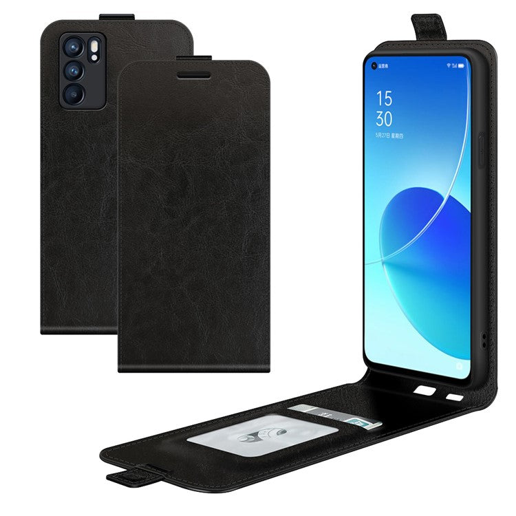 Vertical Flip Crazy Horse Leather Case with Card Slot for Oppo Reno6 5G - Black