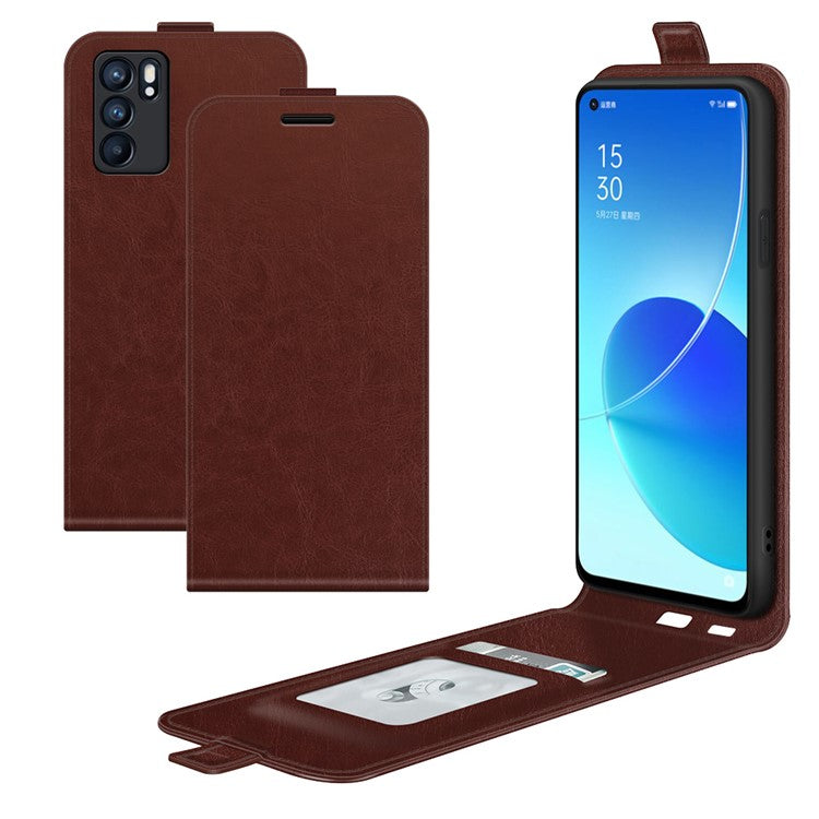 Vertical Flip Crazy Horse Leather Case with Card Slot for Oppo Reno6 5G - Brown