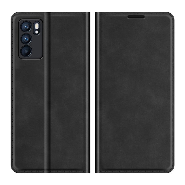 Skin-touch Auto-absorbed Folio Flip Leather Case with Wallet Stand for Oppo Reno6 5G - Black