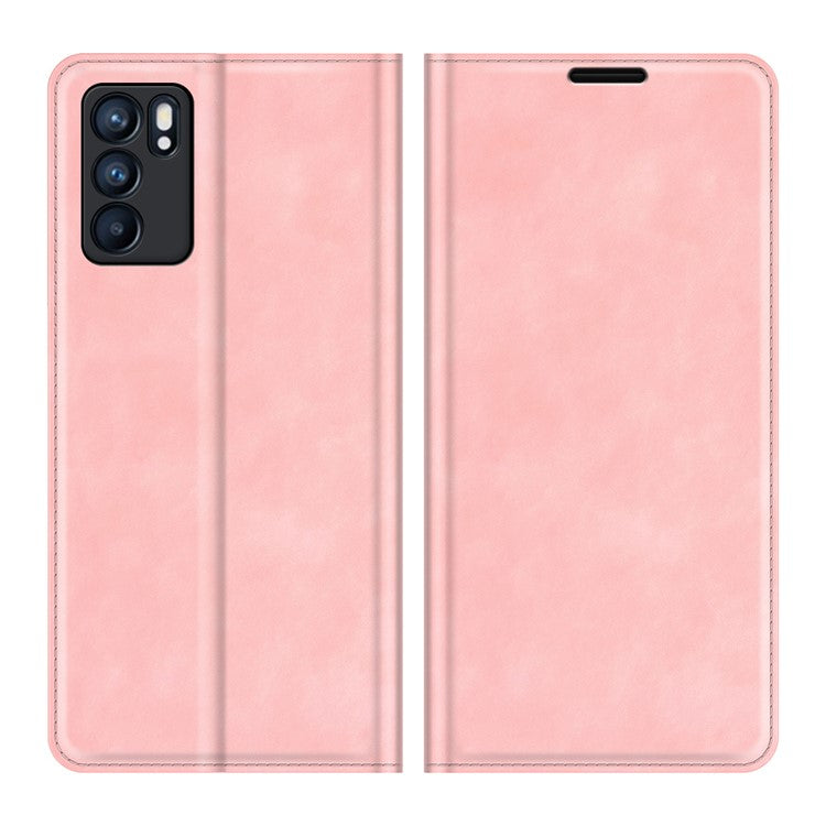 Skin-touch Auto-absorbed Folio Flip Leather Case with Wallet Stand for Oppo Reno6 5G - Pink