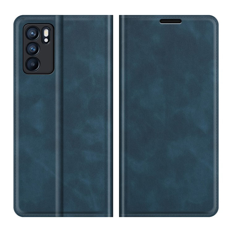 Skin-touch Auto-absorbed Folio Flip Leather Case with Wallet Stand for Oppo Reno6 5G - Blue