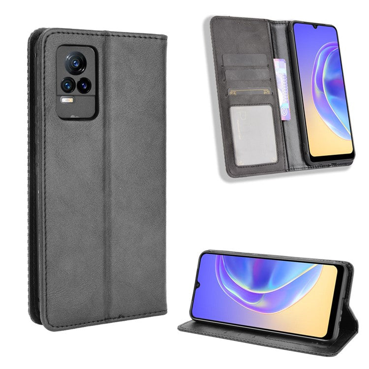 Magnetic Auto-absorbed Full Protection Wallet Stand Cover Leather Phone Case for vivo V21e 4G / vivo Y73 2021 - Black