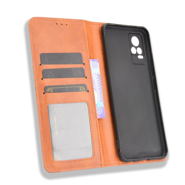 Magnetic Auto-absorbed Full Protection Wallet Stand Cover Leather Phone Case for vivo V21e 4G / vivo Y73 2021 - Brown