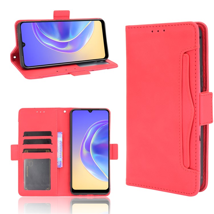 Multiple Card Slots Wallet Stand Phone Case Leather Cover Shell for vivo V21e 4G / vivo Y73 2021 - Red