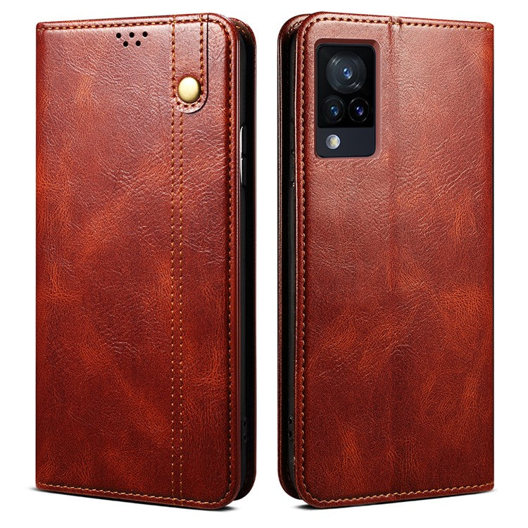 Oil-Waxy Wallet Design Leather Protective Phone Case with Stand for vivo V21e 4G / Y73 2021 - Brown