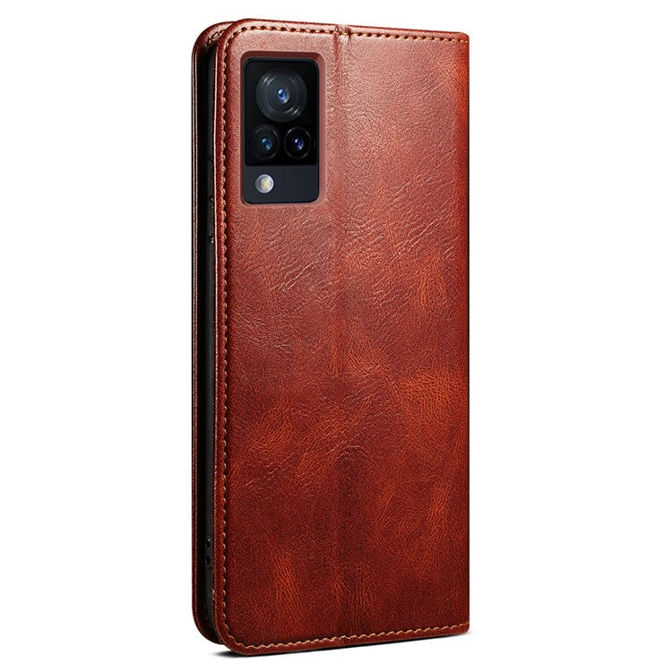 Oil-Waxy Wallet Design Leather Protective Phone Case with Stand for vivo V21e 4G / Y73 2021 - Brown