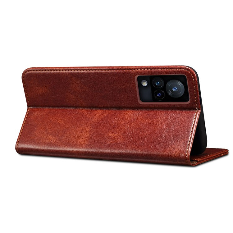 Oil-Waxy Wallet Design Leather Protective Phone Case with Stand for vivo V21e 4G / Y73 2021 - Brown