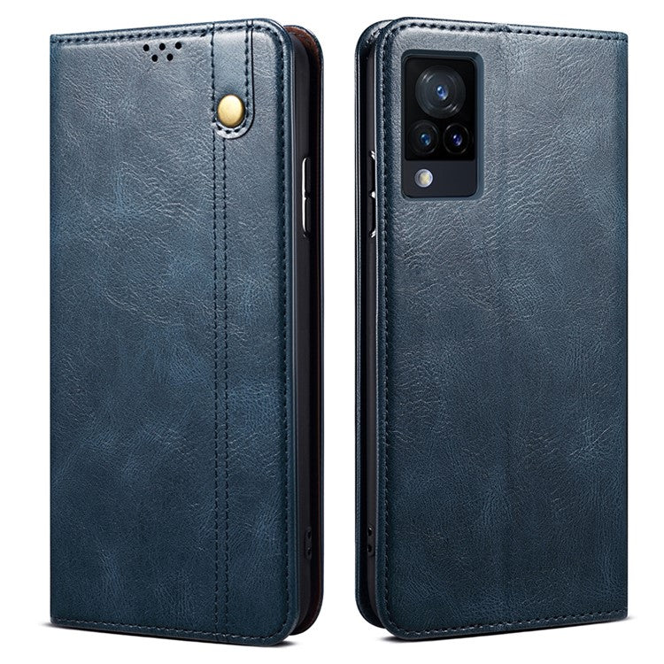 Oil-Waxy Wallet Design Leather Protective Phone Case with Stand for vivo V21e 4G / Y73 2021 - Blue