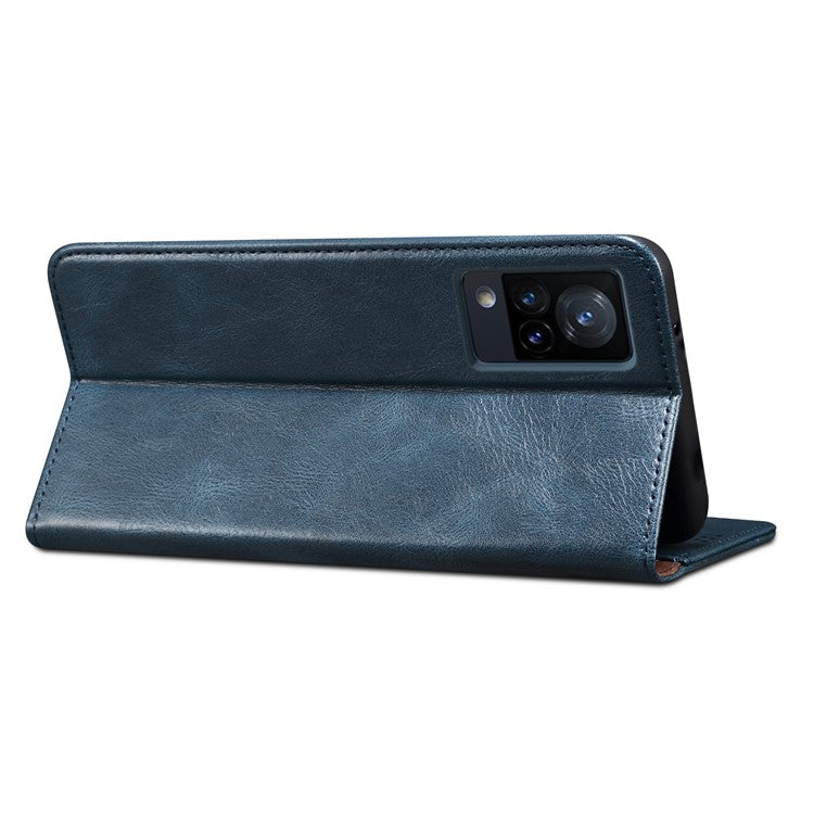 Oil-Waxy Wallet Design Leather Protective Phone Case with Stand for vivo V21e 4G / Y73 2021 - Blue