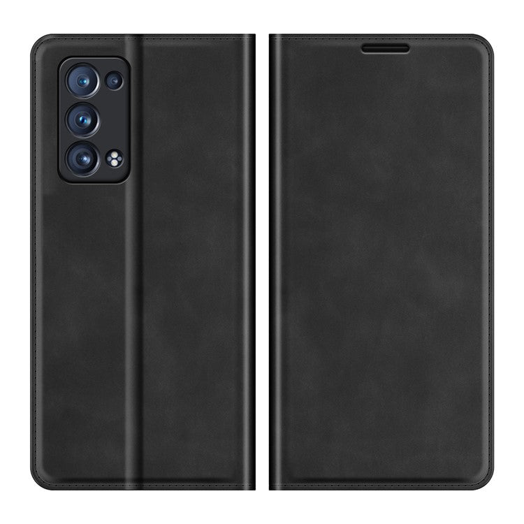 Skin-touch Feeling Strong Magnet Folio Wallet Protective Phone Case for Oppo Reno6 Pro+ 5G/Pro 5G (Snapdragon) - Black