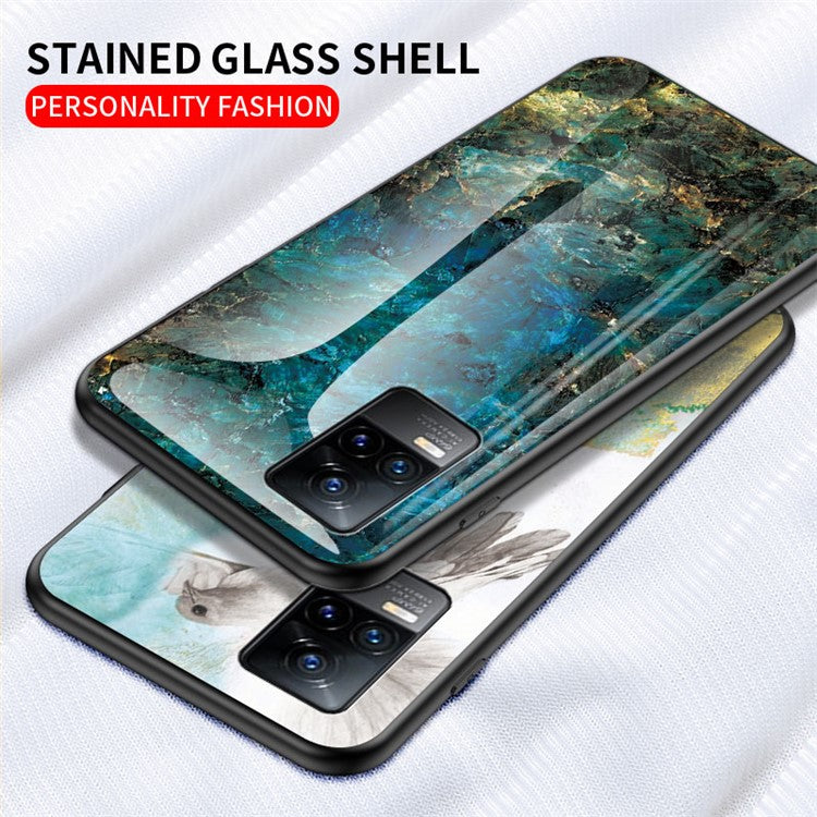 Shock-Proof Marbling Pattern Tempered Glass Cell Phone Cover for vivo V21e 4G / Y73 2021 - Emerald Marble