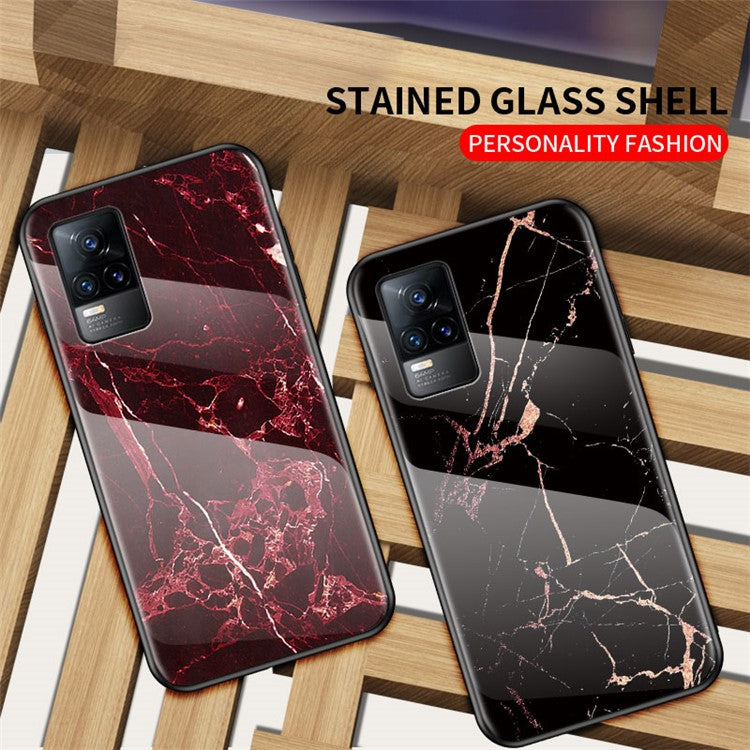 Shock-Proof Marbling Pattern Tempered Glass Cell Phone Cover for vivo V21e 4G / Y73 2021 - Emerald Marble