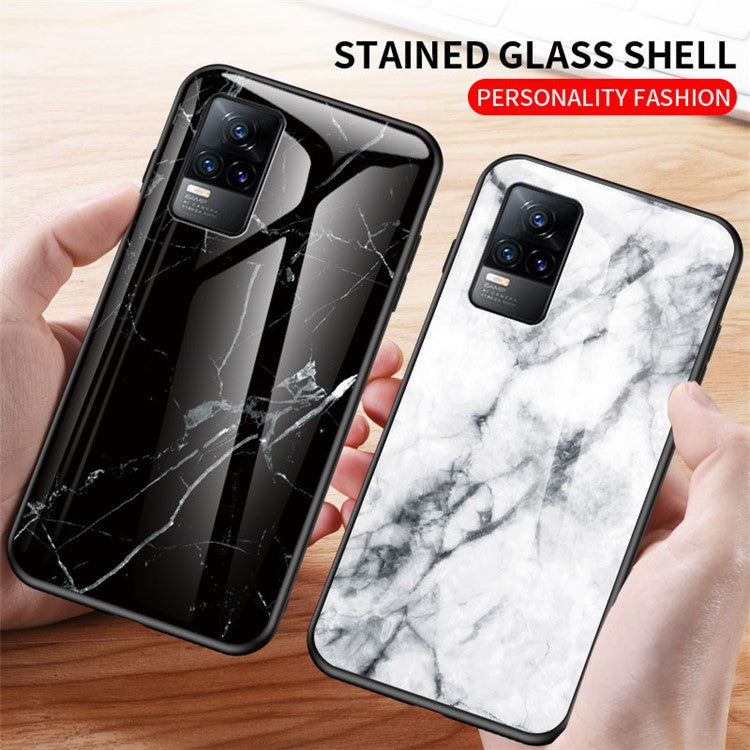 Shock-Proof Marbling Pattern Tempered Glass Cell Phone Cover for vivo V21e 4G / Y73 2021 - Emerald Marble