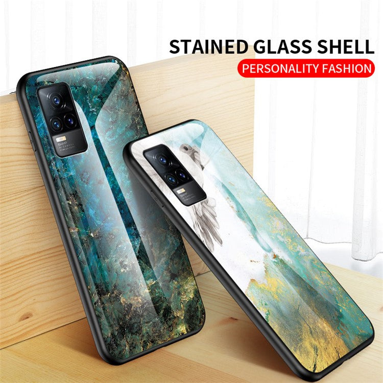 Shock-Proof Marbling Pattern Tempered Glass Cell Phone Cover for vivo V21e 4G / Y73 2021 - Emerald Marble