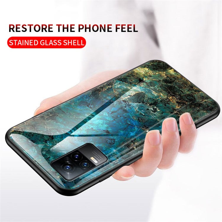 Shock-Proof Marbling Pattern Tempered Glass Cell Phone Cover for vivo V21e 4G / Y73 2021 - Emerald Marble