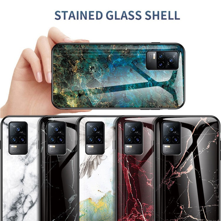 Shock-Proof Marbling Pattern Tempered Glass Cell Phone Cover for vivo V21e 4G / Y73 2021 - Emerald Marble