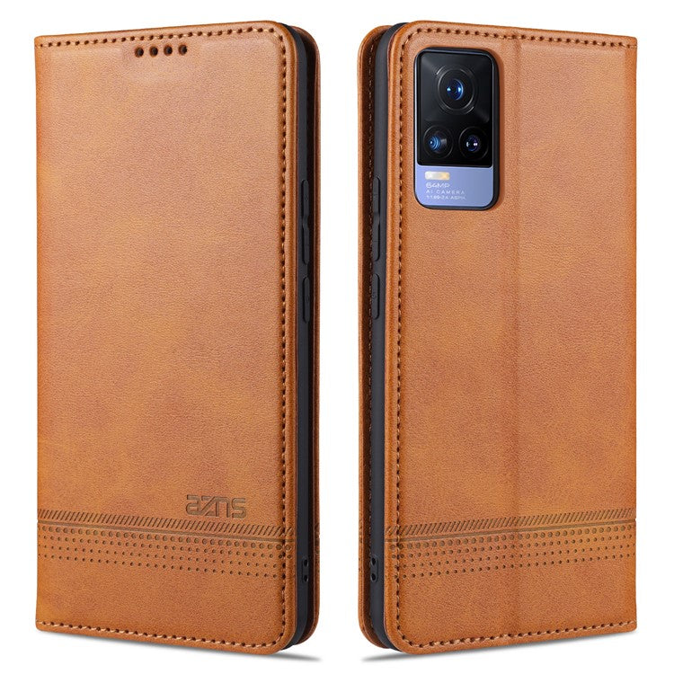 AZNS Auto-absorbed Magnetic Leather Wallet Case Phone Stand Shell for vivo V21e 4G/Y73 (2021) - Brown