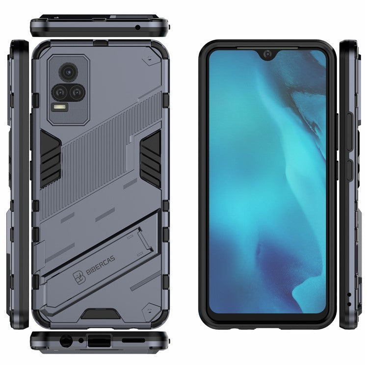 Kickstand Dust-Proof Rugged Dual Layer Hybrid Hard PC Soft TPU Shockproof Protective Case for vivo V21e 4G / Y73 (2021) - Dark Blue