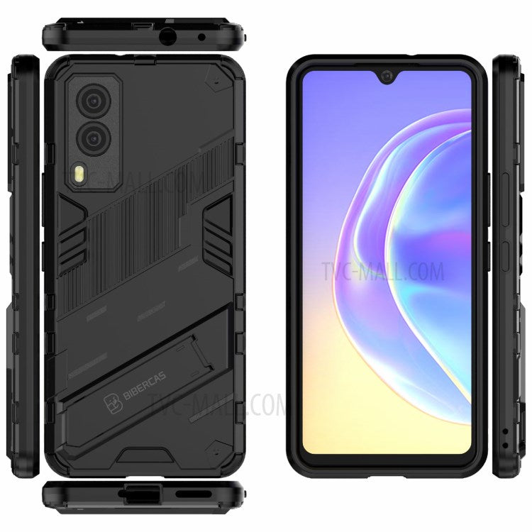 Hybrid Impact Anti-Slip Hard PC Soft TPU Shockproof Protective Case with Kickstand for vivo V21e 5G - Black