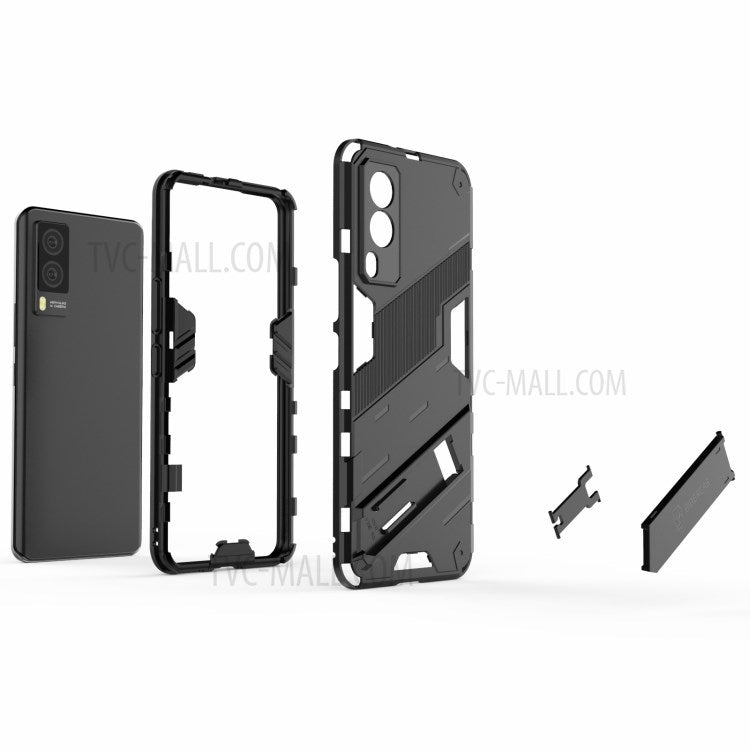 Hybrid Impact Anti-Slip Hard PC Soft TPU Shockproof Protective Case with Kickstand for vivo V21e 5G - Black