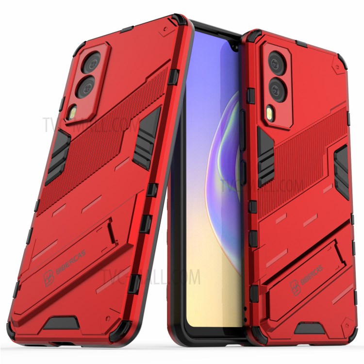 Hybrid Impact Anti-Slip Hard PC Soft TPU Shockproof Protective Case with Kickstand for vivo V21e 5G - Red