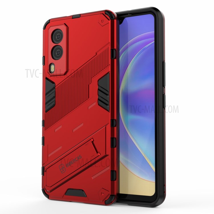 Hybrid Impact Anti-Slip Hard PC Soft TPU Shockproof Protective Case with Kickstand for vivo V21e 5G - Red