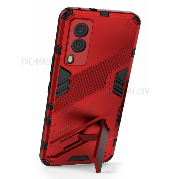 Hybrid Impact Anti-Slip Hard PC Soft TPU Shockproof Protective Case with Kickstand for vivo V21e 5G - Red