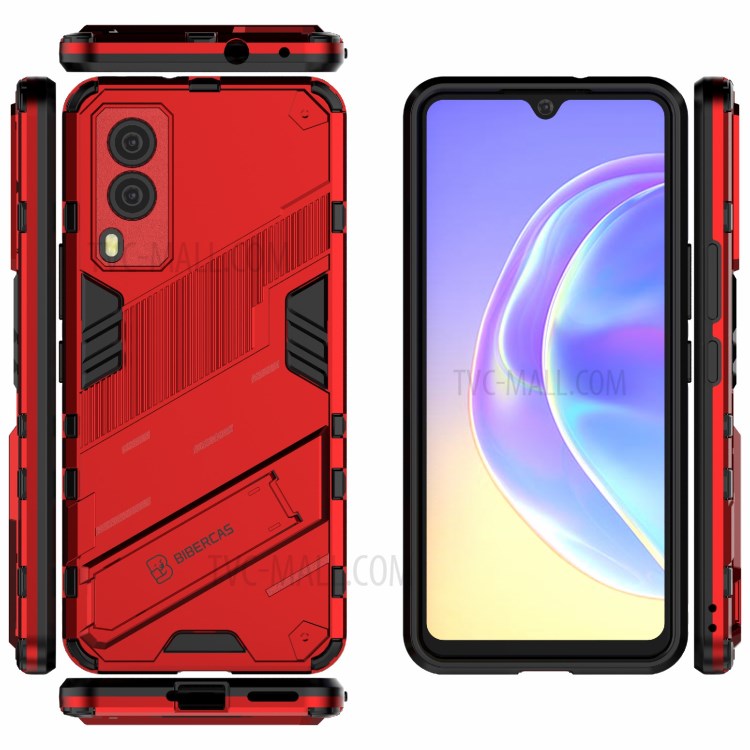 Hybrid Impact Anti-Slip Hard PC Soft TPU Shockproof Protective Case with Kickstand for vivo V21e 5G - Red