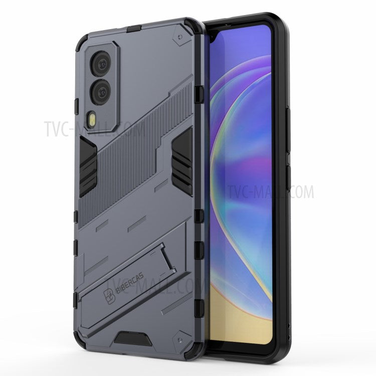 Hybrid Impact Anti-Slip Hard PC Soft TPU Shockproof Protective Case with Kickstand for vivo V21e 5G - Dark Blue