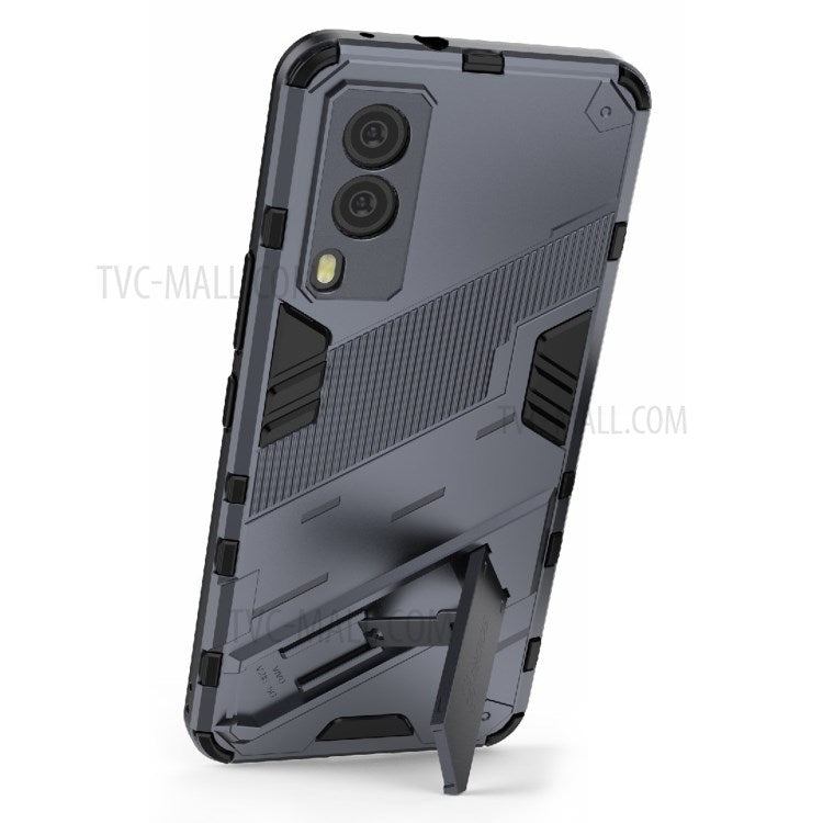 Hybrid Impact Anti-Slip Hard PC Soft TPU Shockproof Protective Case with Kickstand for vivo V21e 5G - Dark Blue