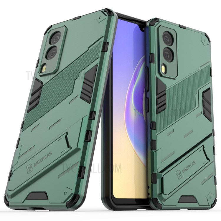 Hybrid Impact Anti-Slip Hard PC Soft TPU Shockproof Protective Case with Kickstand for vivo V21e 5G - Green